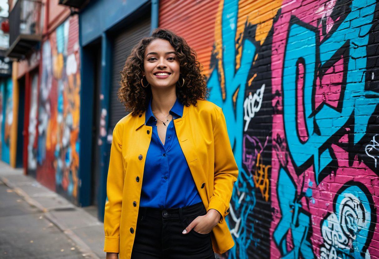 A confident young woman wearing a stylish modern outfit, standing in a vibrant urban setting with colorful street art. She has a radiant smile, exuding charisma and confidence, surrounded by people engaging in lively conversation. The background showcases a blend of modern and vintage fashion elements, creating an inviting atmosphere. The colors are bright and bold, highlighting the theme of vibrant confidence. super-realistic. vibrant colors. urban setting.