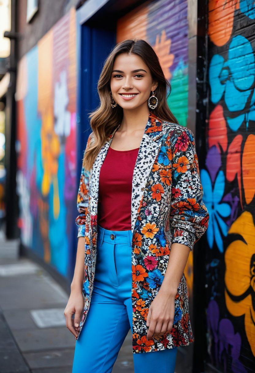 A fashionable young woman confidently expressing her style in a bustling urban setting, surrounded by vibrant street art and flowers. She wears trendy clothing with bold colors and accessories that reflect her charismatic personality. The atmosphere is lively, with people admiring her charm. Include subtle hints of glamour and confidence in her pose. vibrant colors. super-realistic. urban backdrop.